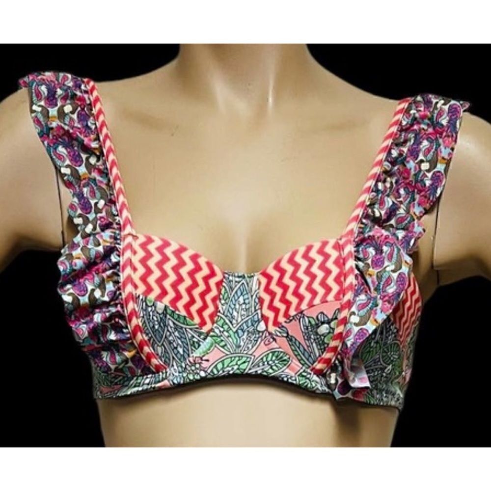 Maaji Chimeric Wayfarer Peacock print raffle bikini top Size S NWT